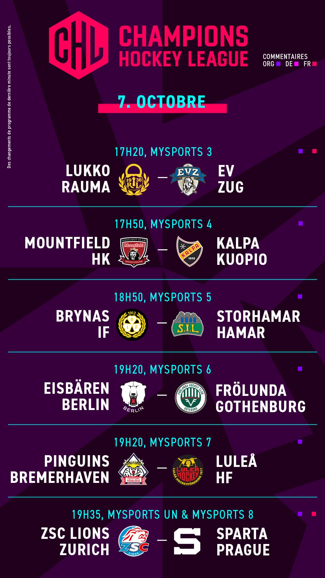 Champions Hockey League Table 07.10.2025
