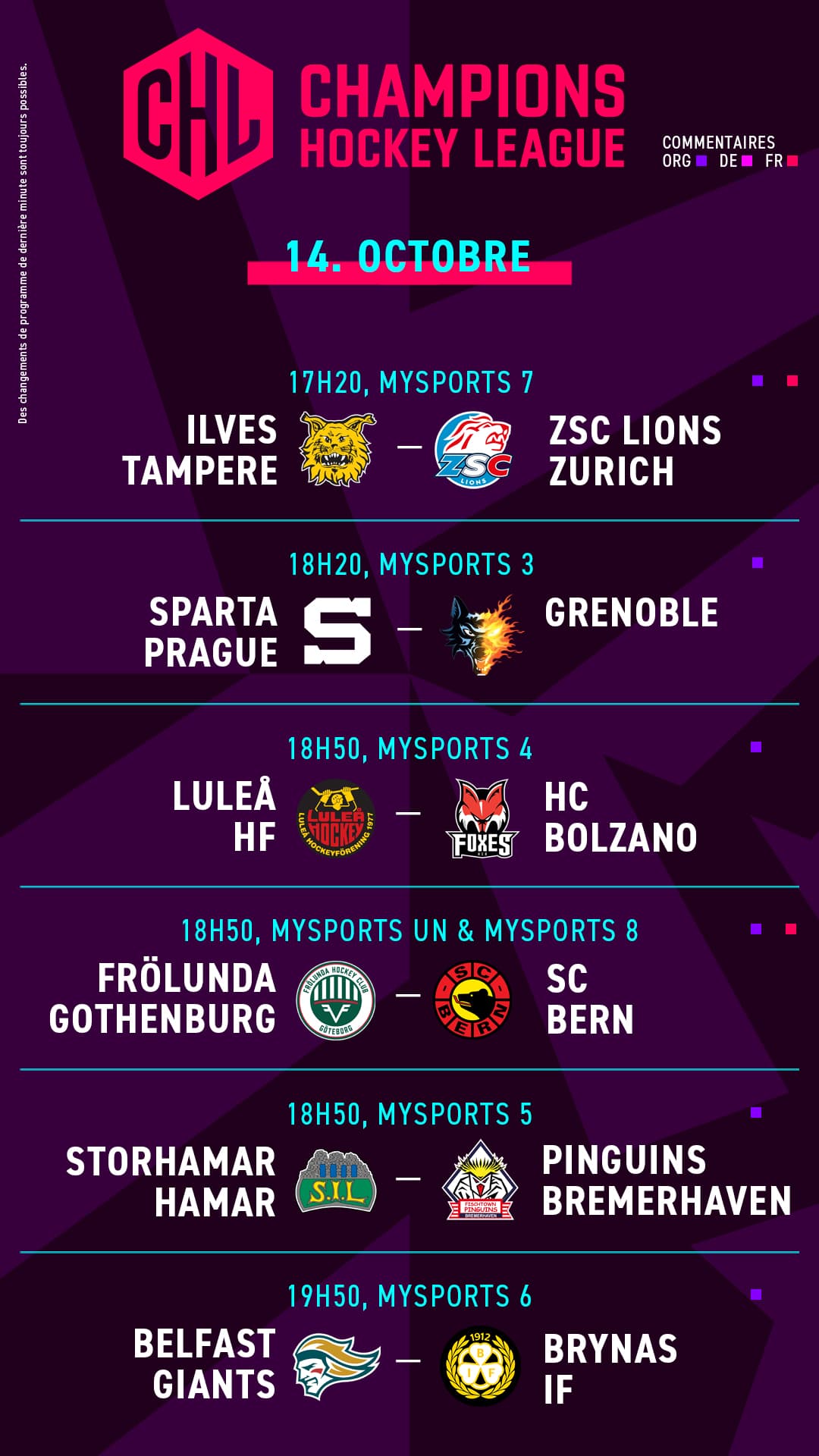 Champions Hockey League Table 14.10.2025