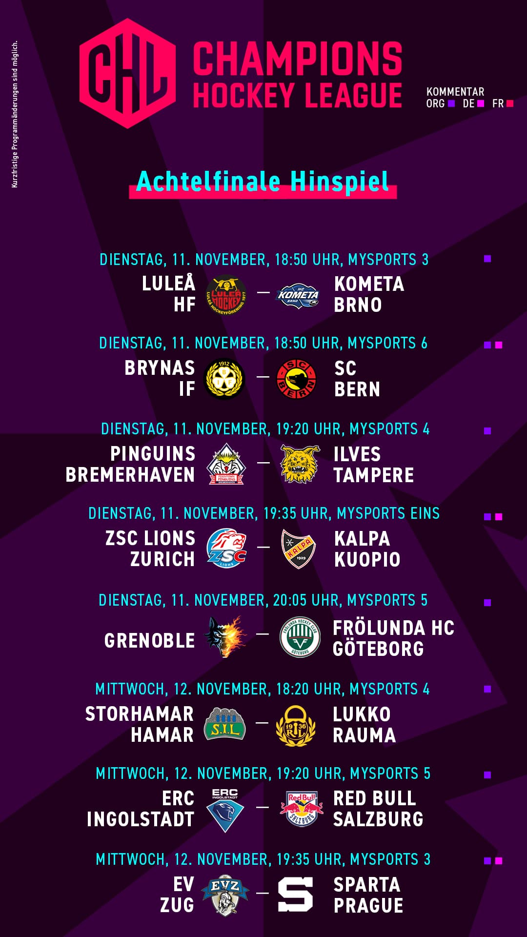 Achtelfinale Champions Hockey League Hinspiel Tabelle