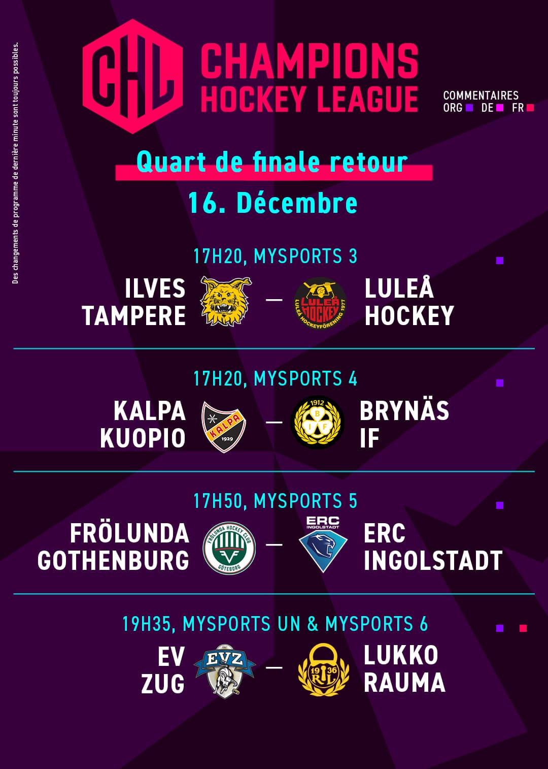 CHL Quart de finale retour table 16.12.2025